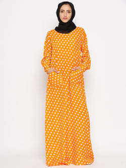 Nabia Women Yellow Polka Crepe Abaya Dress With Georgette Scarf