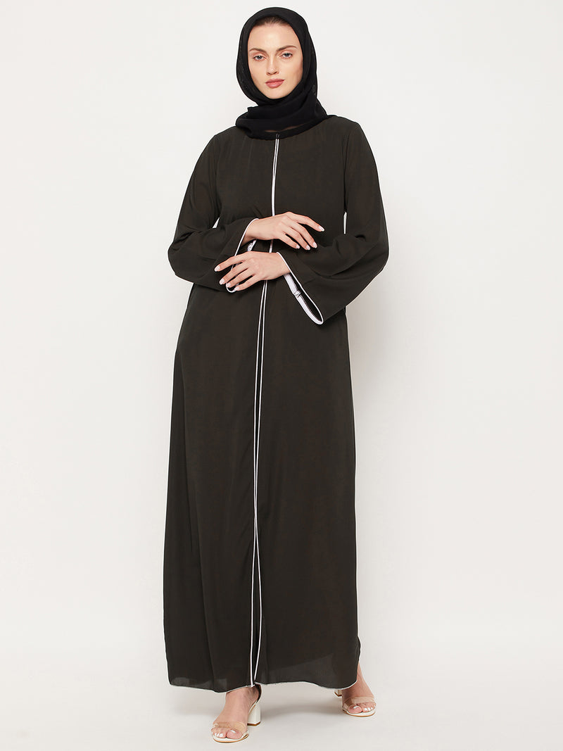 Nabia Olive Green Nida Matte Fabric Abaya With Georgette Scarf