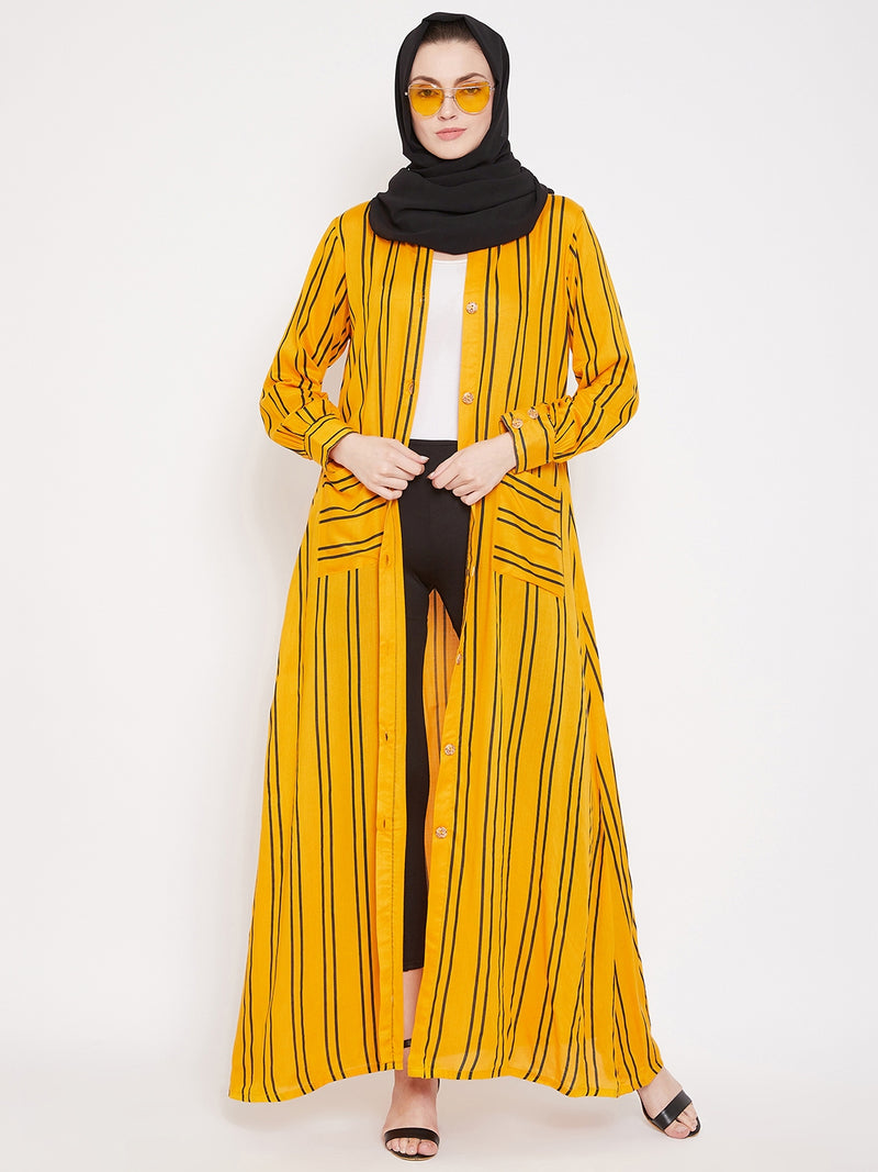 Nabia Women Yellow Rayon Fabric Front Open Striped Abaya With Georgette Scarf