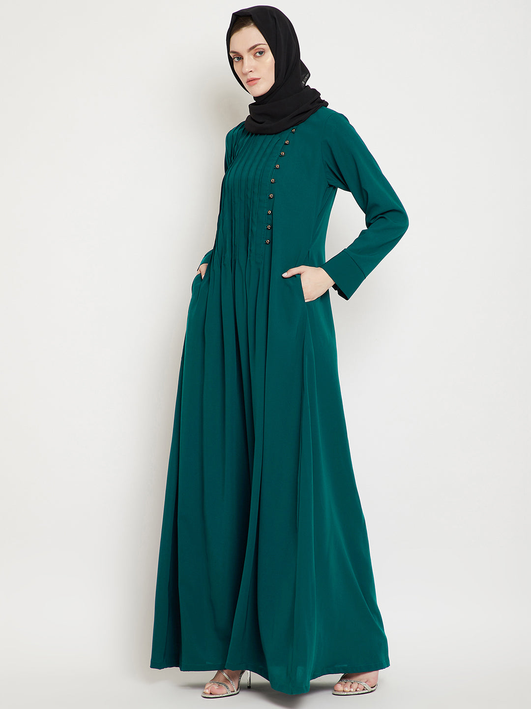 Nabia Green Side Plate Abaya Dress with Georgette Scarf