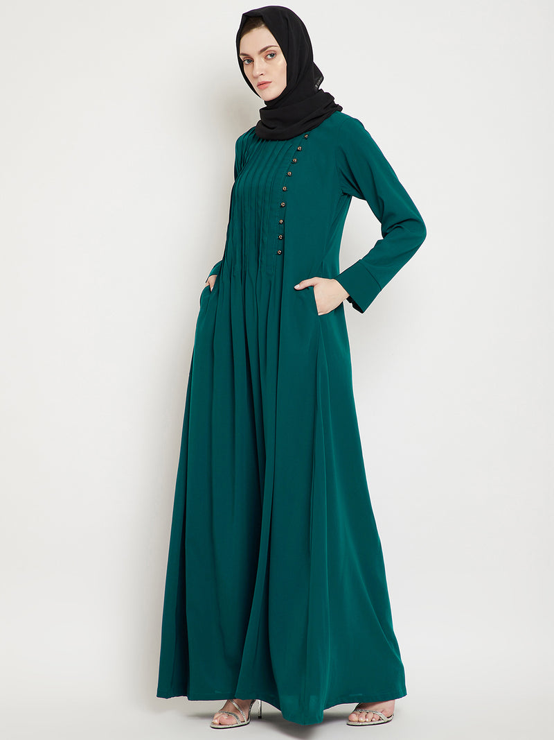 Nabia Women Green Solid Side Plate Abaya Dress With Georgette Scarf