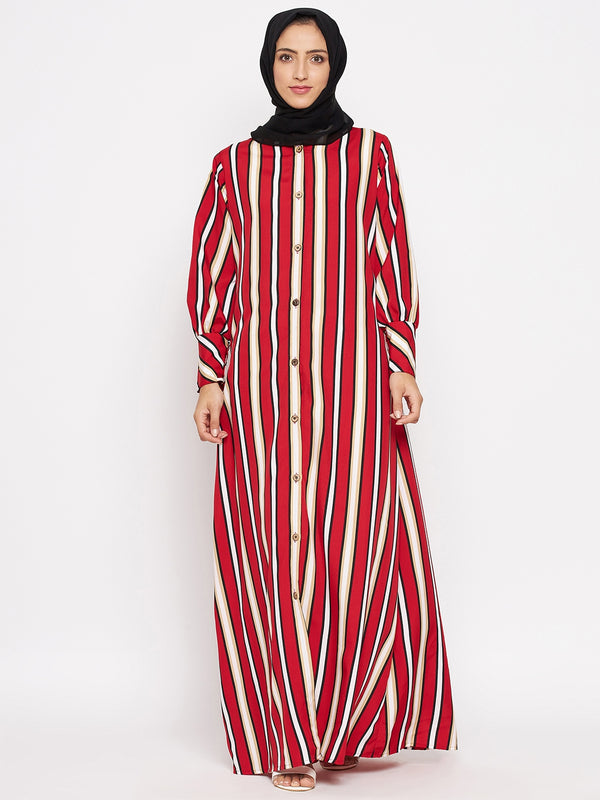 Nabia  Women Red Front Open Striped Abaya With Georgette Scarf