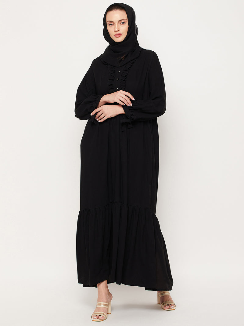 Nabia Black Ruffle Nida Matte Fabric Women Abaya With Georgette Scarf