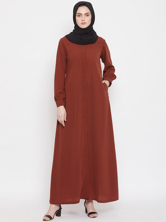 Nabia Women Rust Solid Front Open Abaya with Georgette Scarf