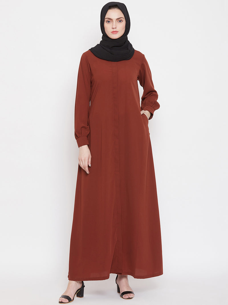 Nabia Women Rust Solid Front Open Abaya With Georgette Scarf