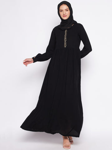 Nabia Black Solid Nida Matte Fabric Abaya For Women With Georgette Scarf