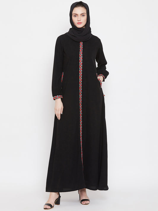 Nabia Women  Black Chikan Hand Embroidery Nida Matte Fabric  Abaya with Georgette Scarf