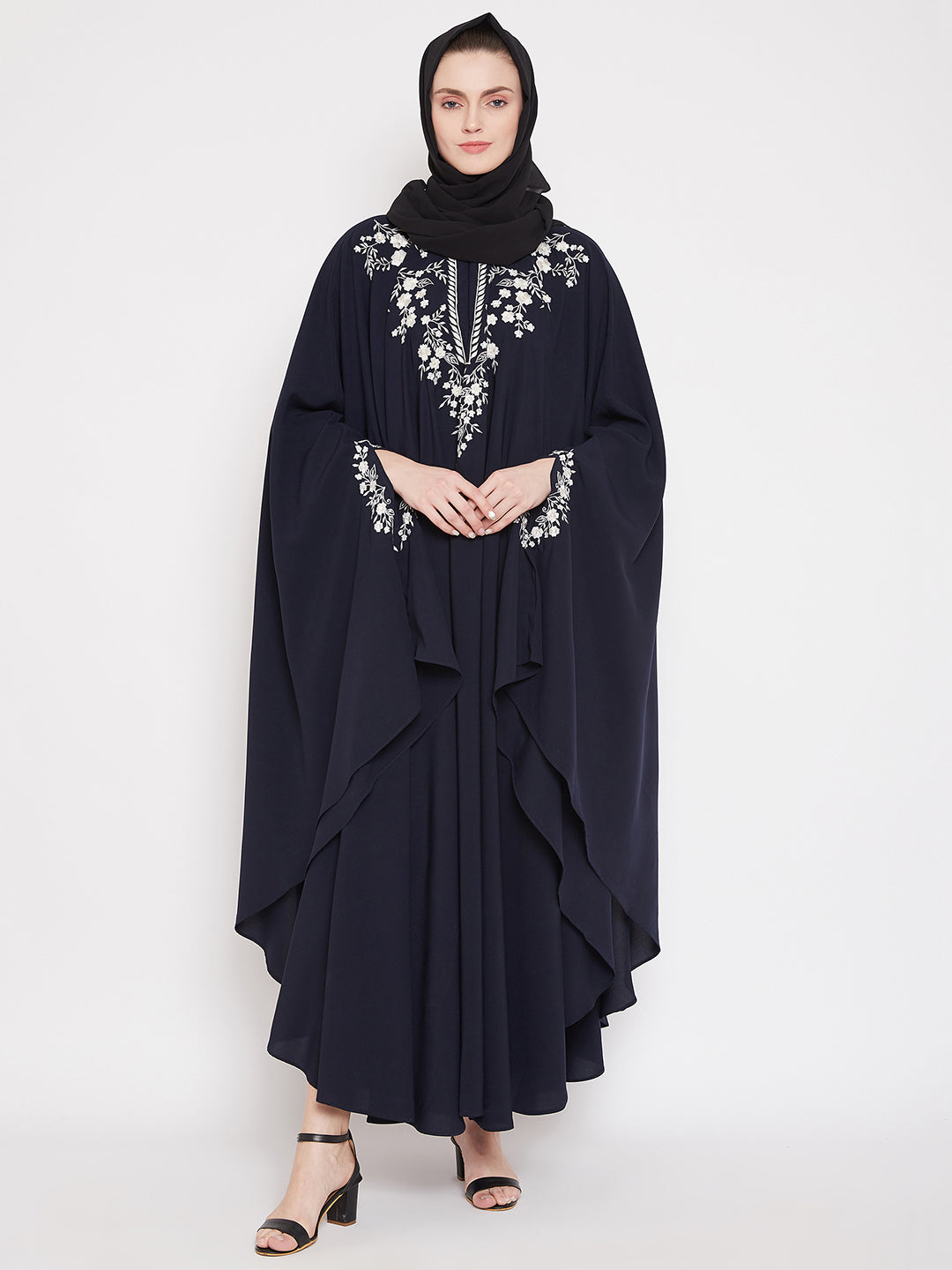 Nabia Women Blue Irani Kaftan Abaya Enhanced With Chikan Hand Embroidered With Georgette Scarf
