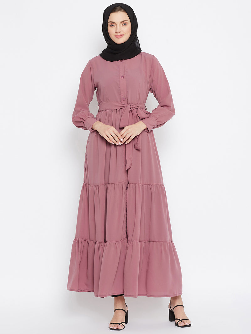 Nabia Women Puce Pink Solid Front Open Three Frilled  Abaya With Georgette Scarf