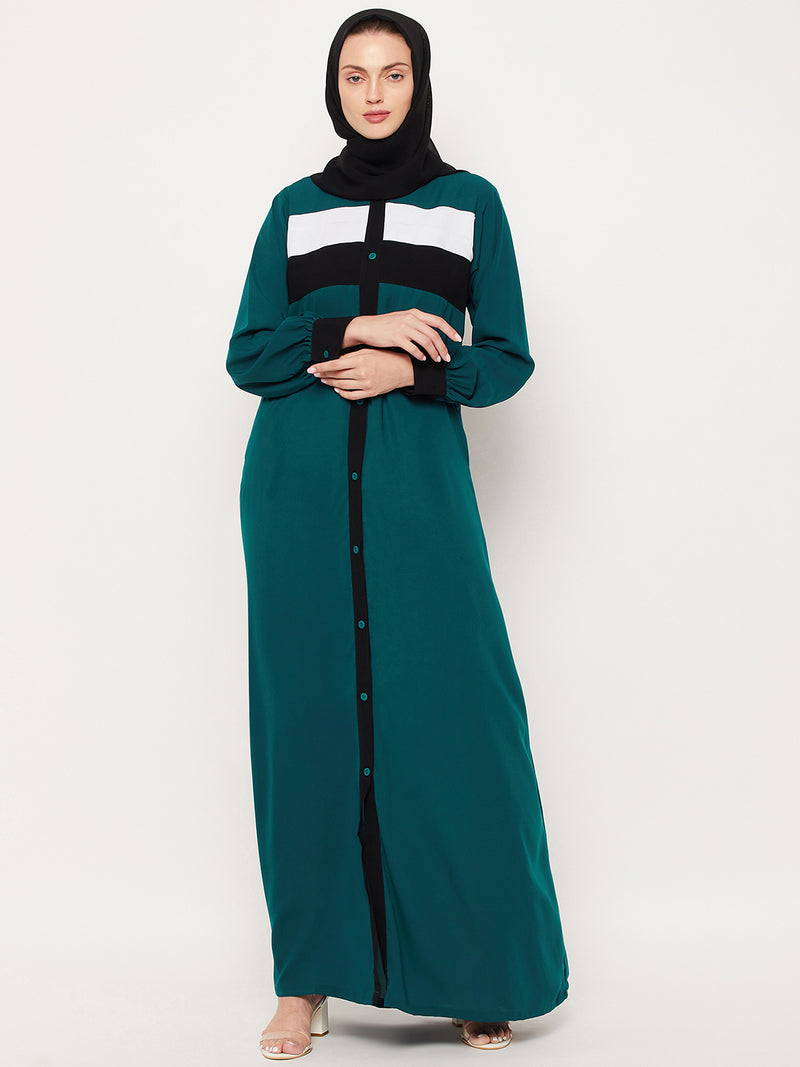 Nabia Bottle Green Nida Matte Three Color Design Abaya With Georgette Scarf