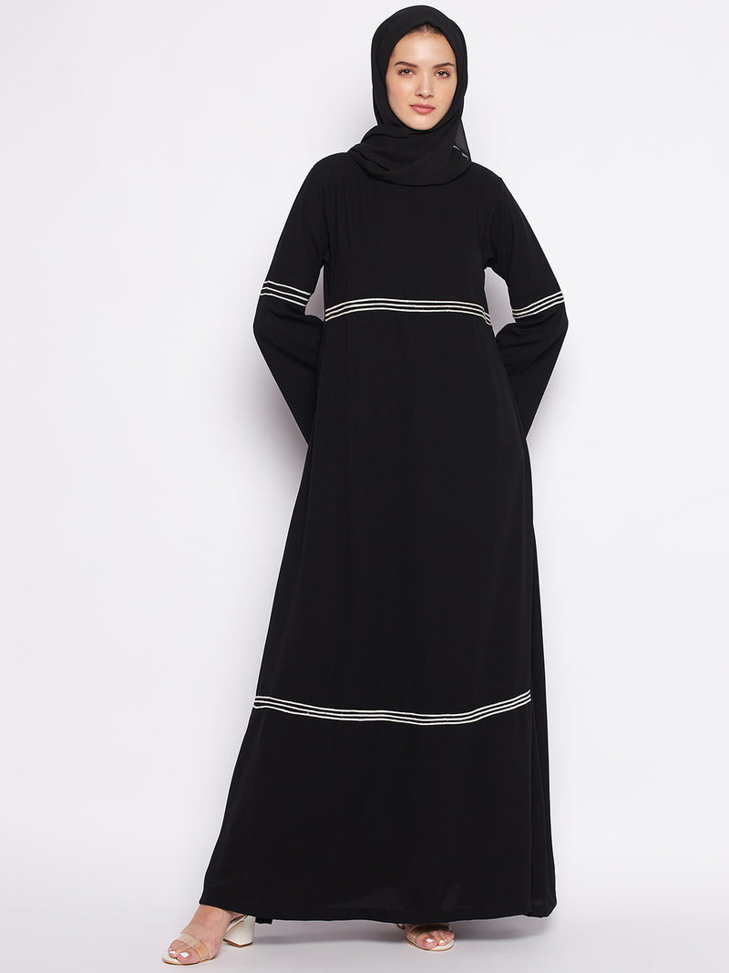 Nabia Black A-line Nida Matte Fabric Abaya For Women With Georgette Scarf