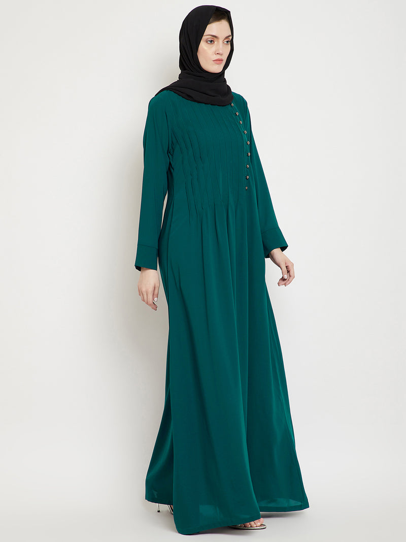 Nabia Women Green Solid Side Plate Abaya Dress With Georgette Scarf