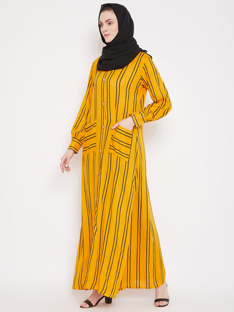 Nabia Women Yellow Rayon Fabric Front Open Striped Abaya With Georgette Scarf