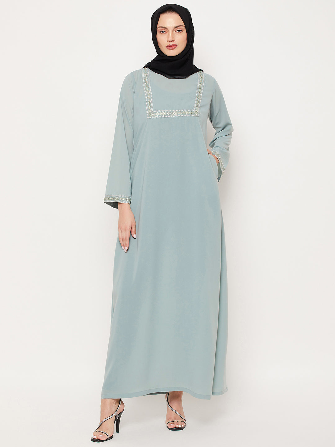 Nabia Sea Green Nida Matte Fabric Embroidery Work Women Abaya With Georgette Scarf