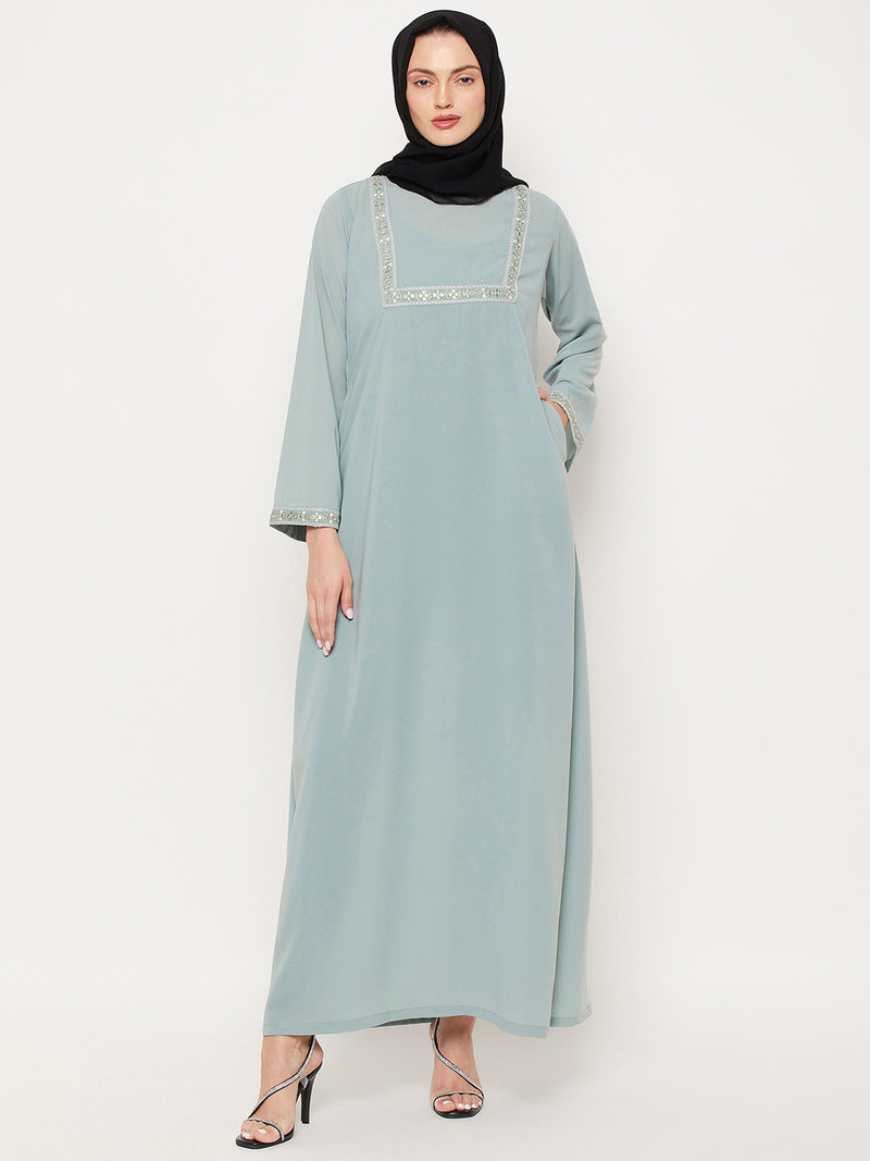 Nabia Sea Green Nida Matte Fabric Embroidery Work Women Abaya With Georgette Scarf