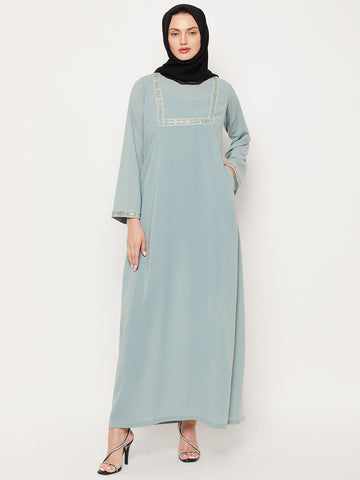 Nabia Sea Green Nida Matte Fabric Embroidery Work Women Abaya With Georgette Scarf