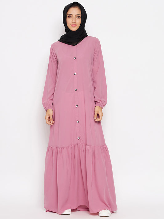 Nabia Women Puce Pink Solid Frill Abaya With Georgette Scarf