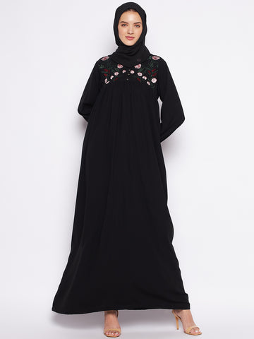 Nabia Black Nida Matte Fabric Embroidery Abaya For Women With Georgette Scarf