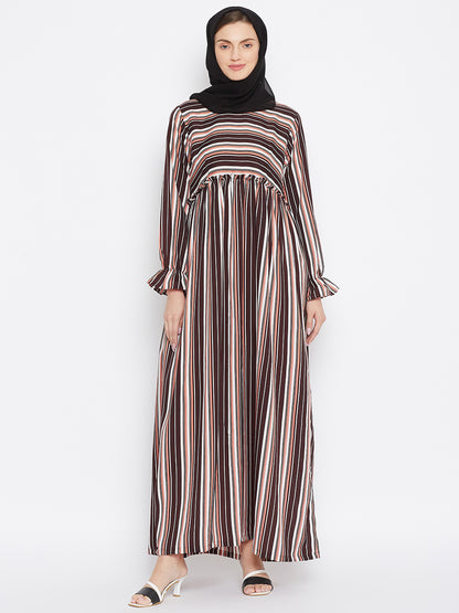 Nabia Brown Stripe Crepe Abaya Dress with Georgette Scarf