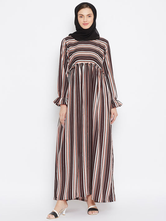 Nabia Brown Stripe Crepe Abaya Dress with Georgette Scarf