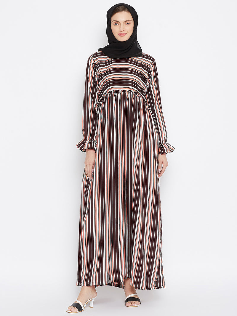 Nabia Women Brown Solid Stripe Crepe Abaya Dress With Georgette Scarf
