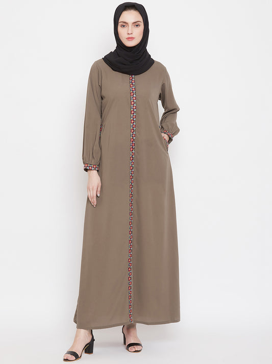 Nabia Women Oat Chikan Hand Embroidery Abaya with Georgette Scarf
