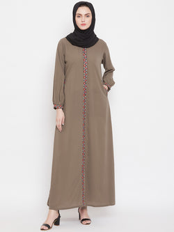 Nabia Women Oat Chikan Hand Embroidery Nida Matte Fabric Abaya with Georgette Scarf
