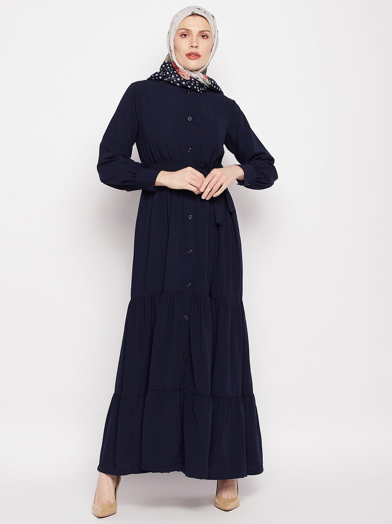 Nabia Women Blue Solid Frilled Nida Matte Fabric Abaya Burqa With Black Georgette Scarf