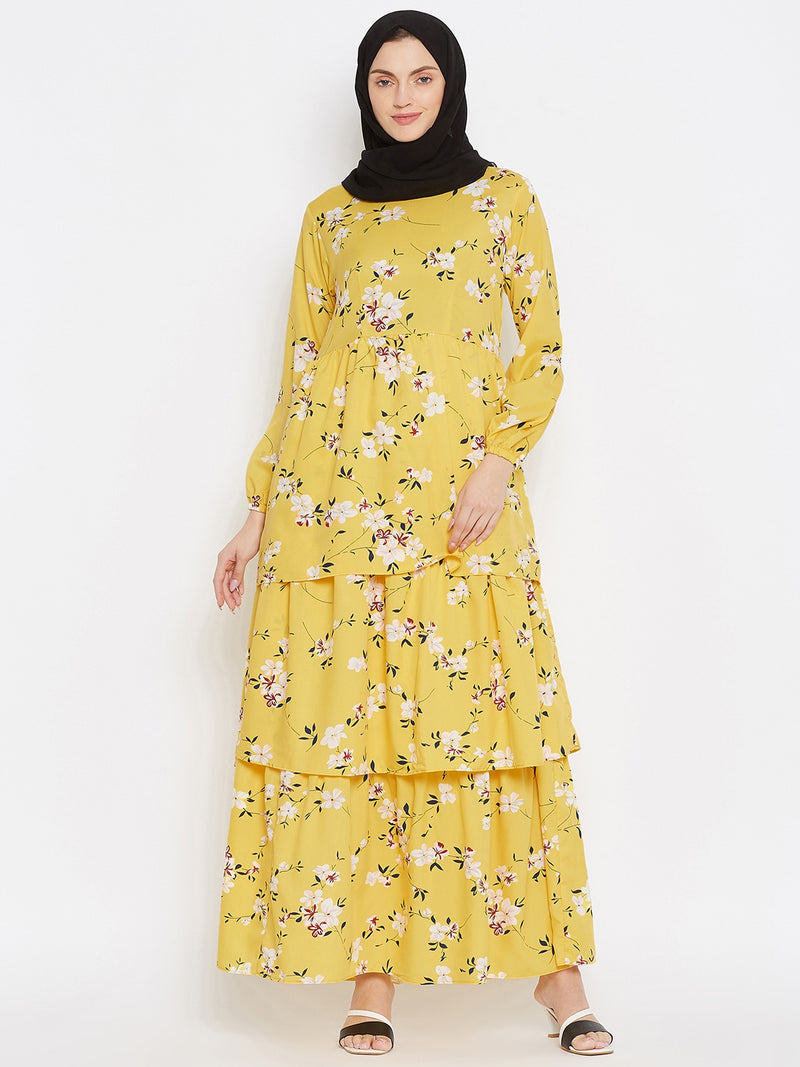 Nabia Women Yellow Floral Printed Crepe Three Frill Abaya Dress With Georgette Scarf