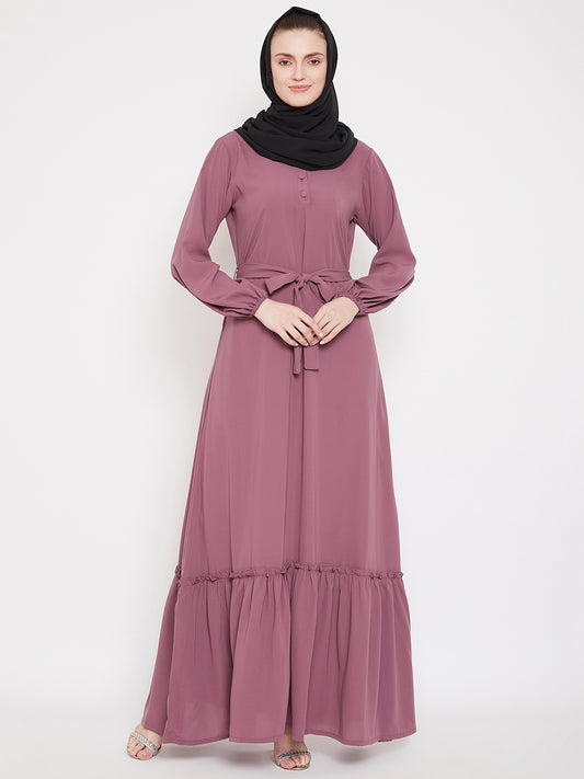 Nabia Puse Pink Frill Abaya for Women with Georgette Scarf