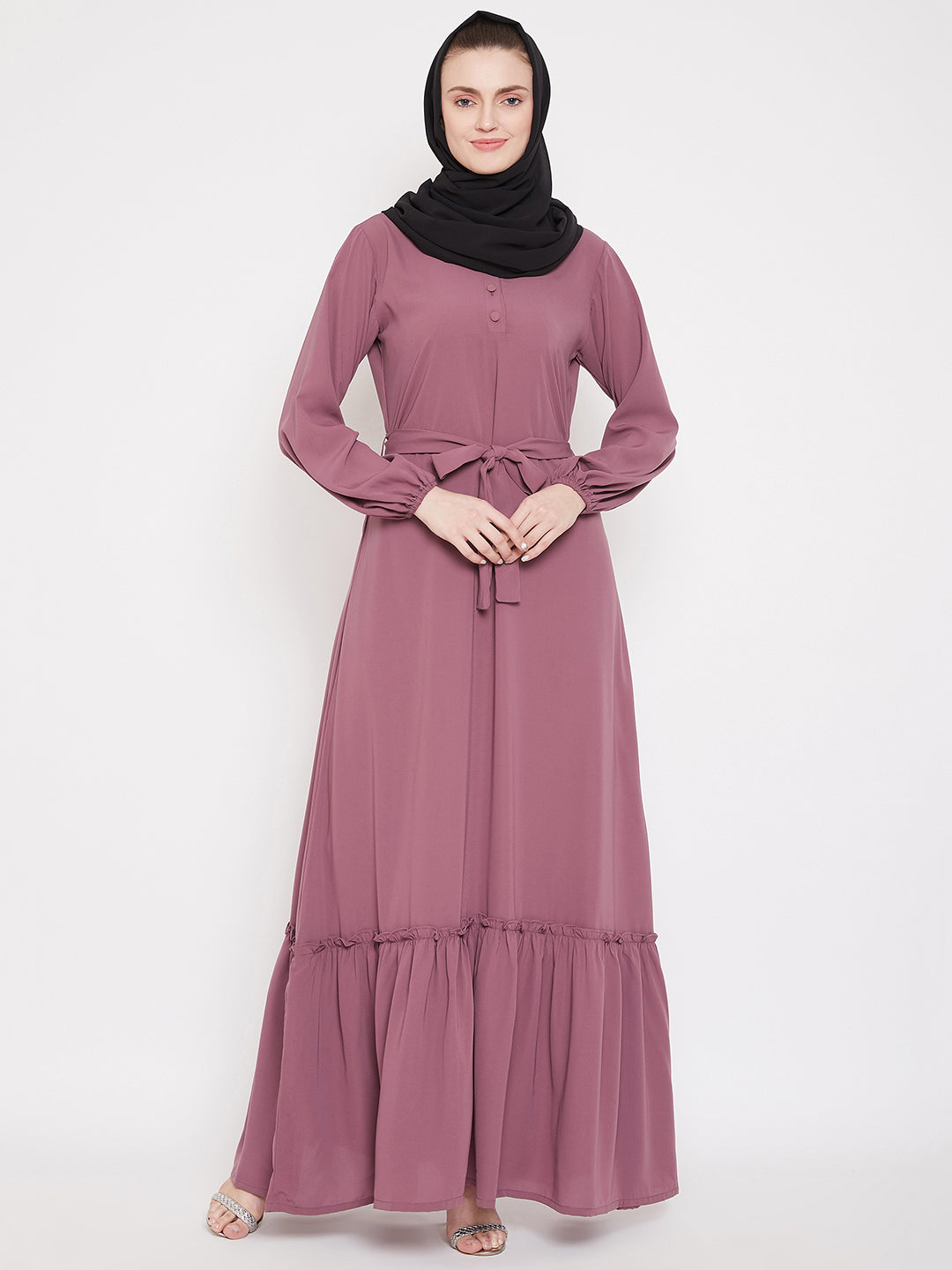 Nabia Puse Pink Solid Frill Abaya Dress for Women with Georgette Scarf