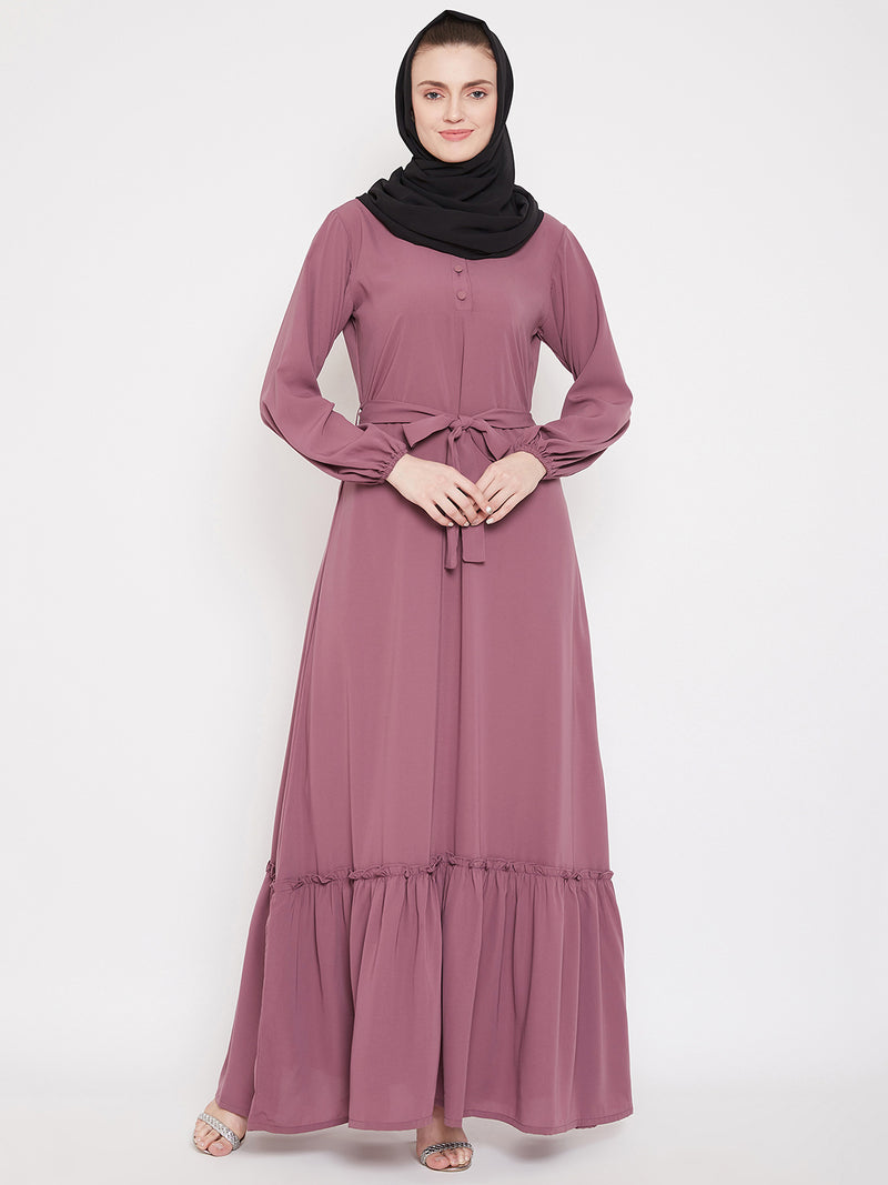Nabia Puse Pink Solid Frill Abaya Dress for Women with Georgette Scarf
