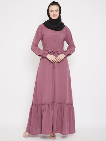 Nabia Puse Pink Solid Frill Abaya Dress for Women with Georgette Scarf