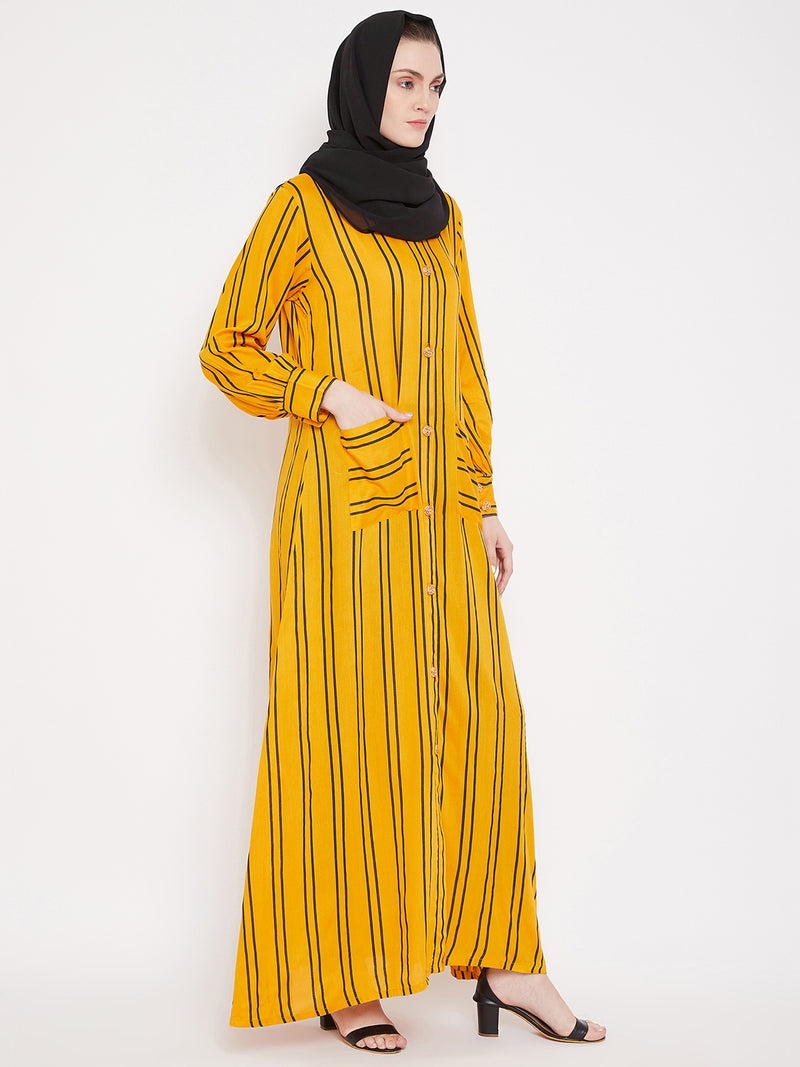 Nabia Women Yellow Rayon Fabric Front Open Striped Abaya With Georgette Scarf