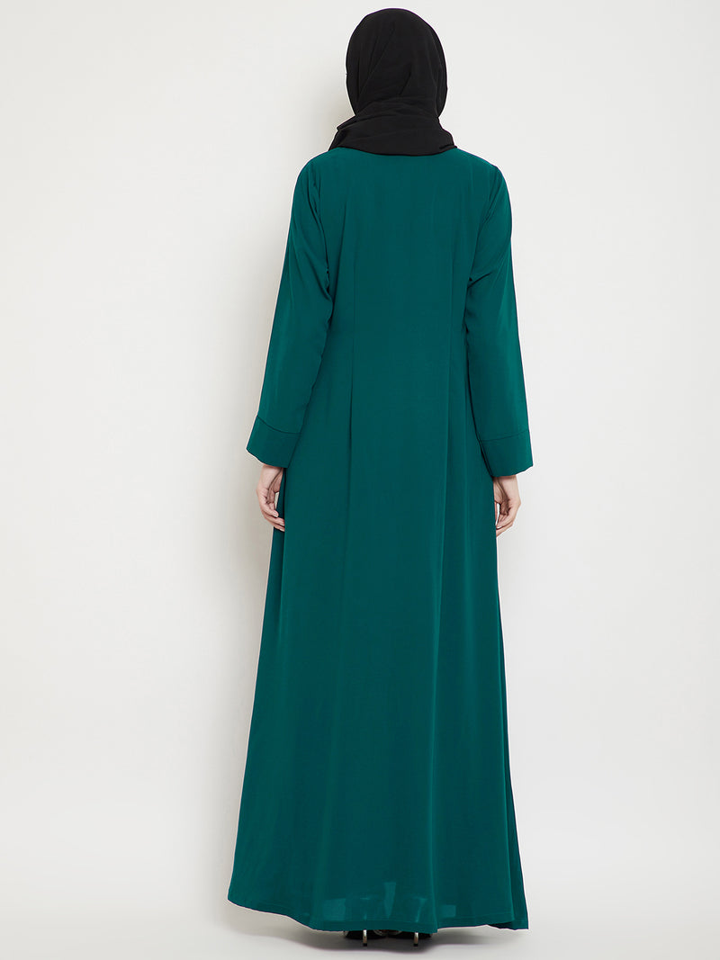 Nabia Women Green Solid Side Plate Abaya Dress With Georgette Scarf