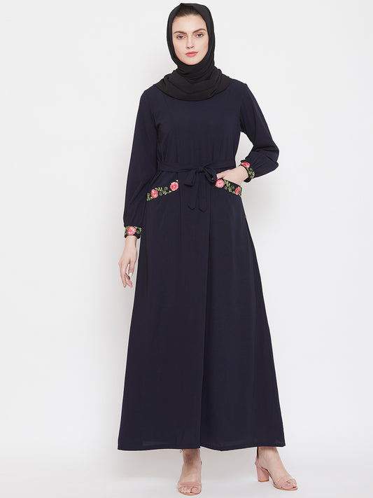 Nabia Women Blue Embroidery Nida Matte Fabric Abaya With Georgette Scarf