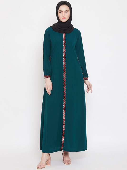 Nabia Women Green Chikan Hand Embroidery Abaya with Georgette Scarf
