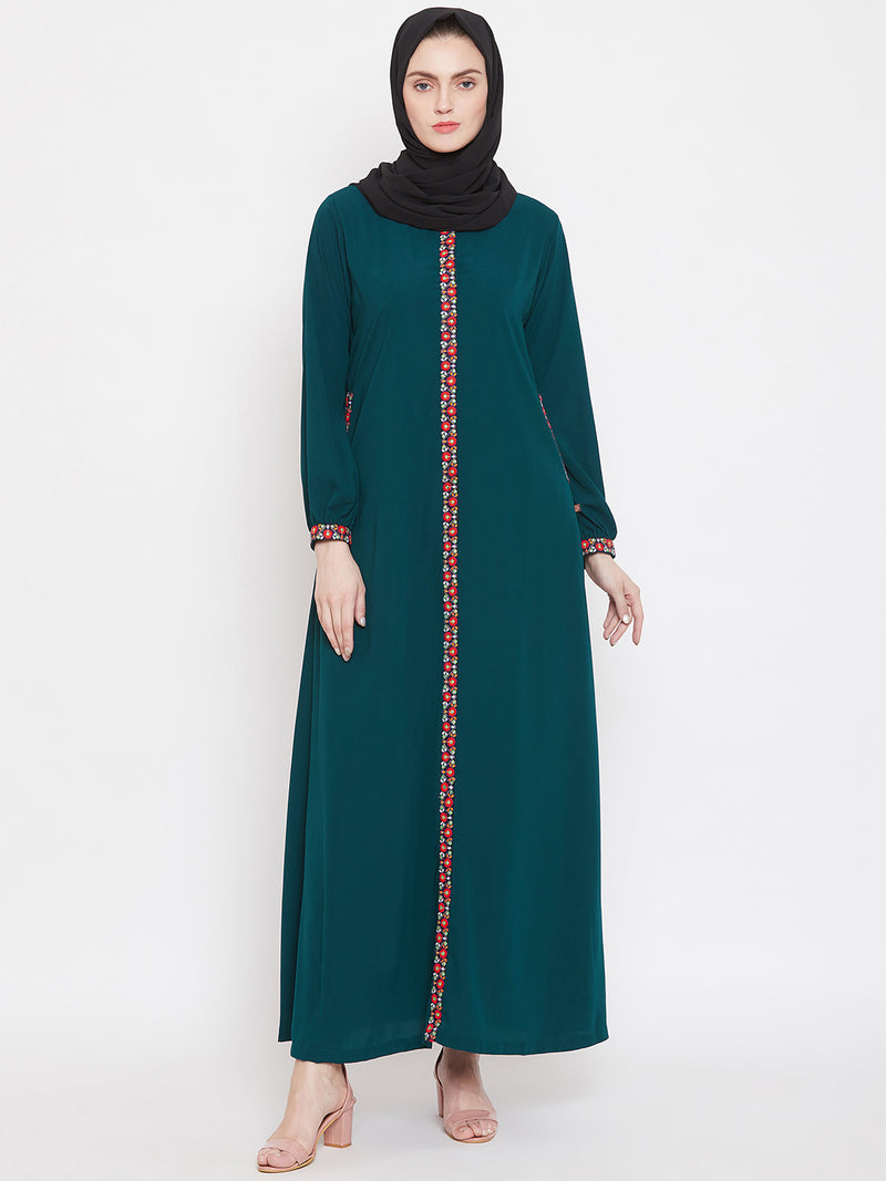 Nabia Women Green Chikan Hand Embroidery Nida Matte Fabric Abaya with Georgette Scarf