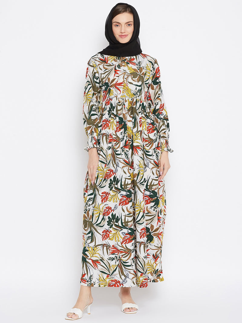 Nabia Women Off White Floral Printed Crepe Abaya Dress With Georgette Scarf