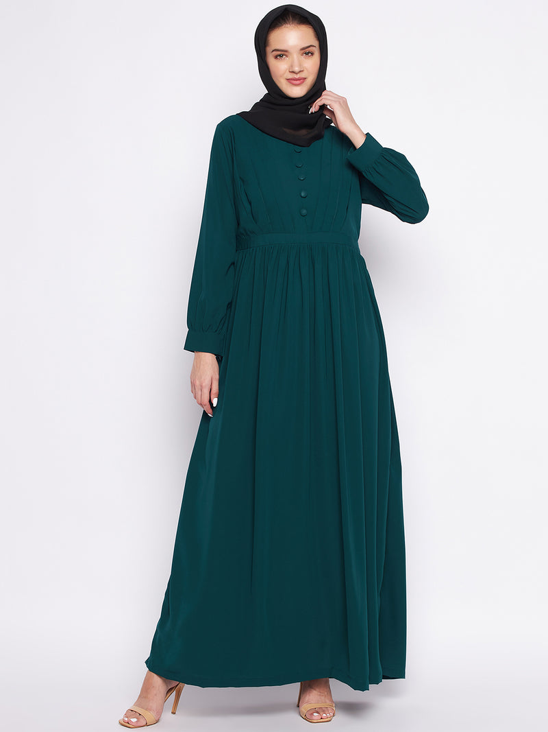 Nabia Bottle Green Solid Nida Matte Fabric Abaya For Women With Georgette Scarf