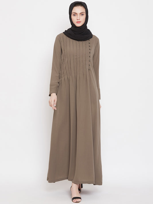 Nabia Women Oat Solid Side Plate Abaya Dress with Georgette Scarf