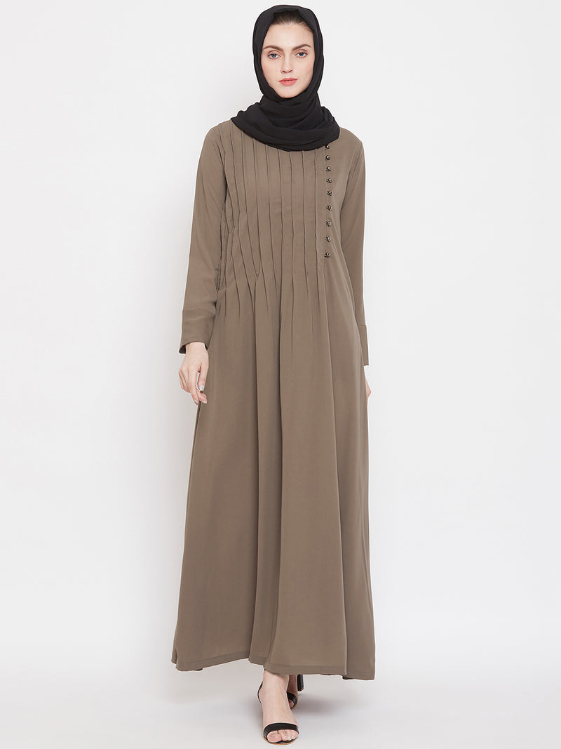 Nabia Women Oat Solid Side Plate Abaya Dress With Georgette Scarf