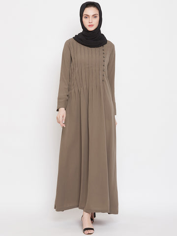 Nabia Women Oat Solid Side Plate Abaya Dress With Georgette Scarf