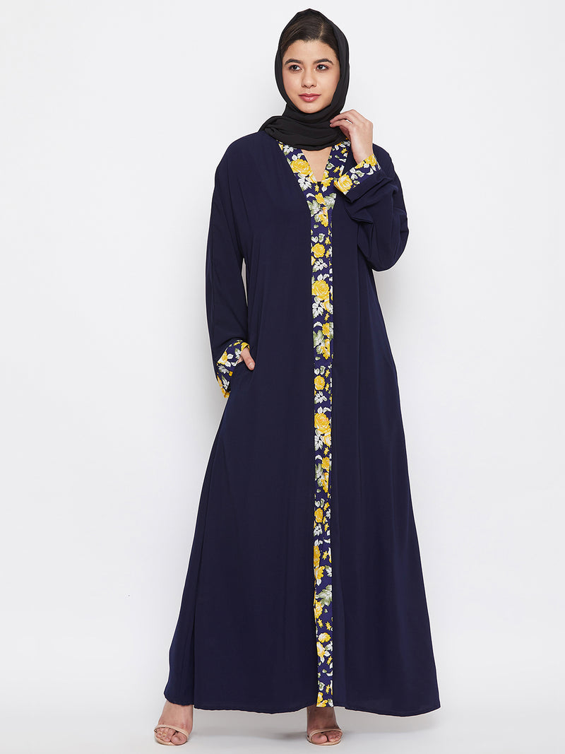 Nabia Women Blue Dubai Style Front Open Nida Matte Fabric Abaya with Georgette Scarf