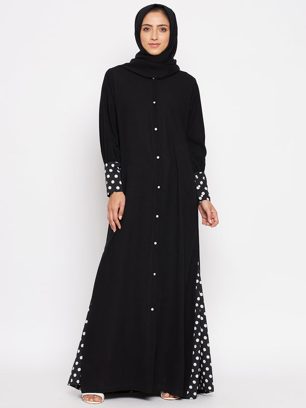 Nabia Women Black Polka Design Nida Matte Fabric Burqa With Georgette Scarf