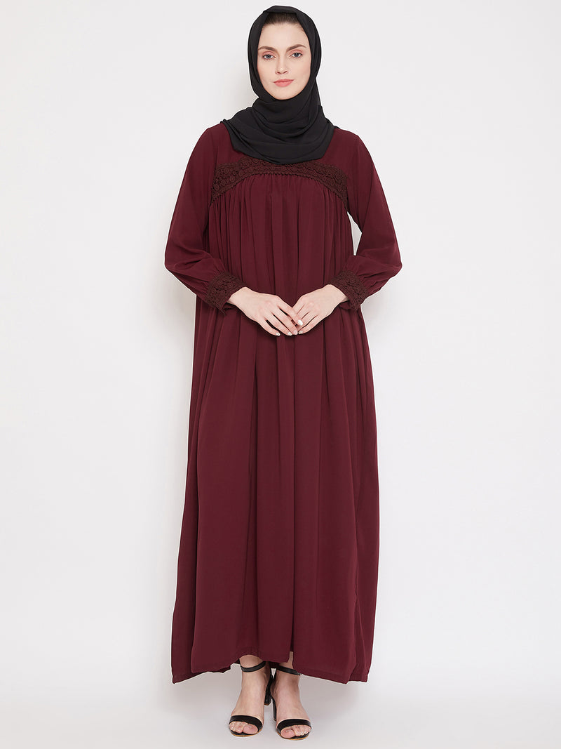 Nabia Women Maroon Solid Lace Maxi Abaya Dress With Georgette Scarf