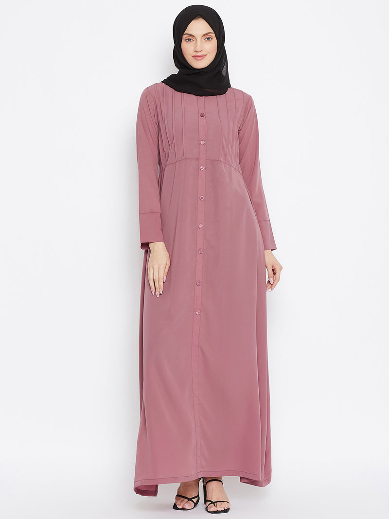 Nabia Women Fuse Pink Solid Yog Plate Abaya Dress With Georgette Scarf