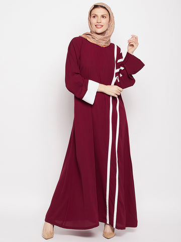 Nabia Women Maroon & White A-line Abaya Burqa with Black Georgette Scarf