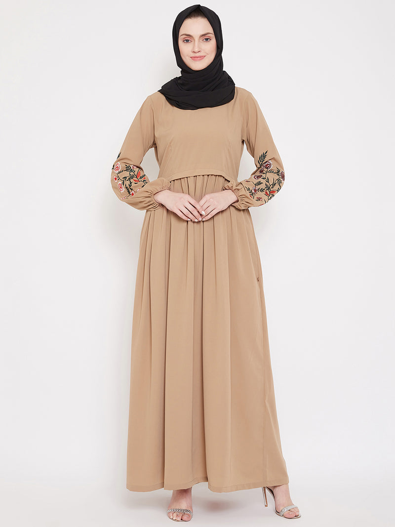 Nabia Women Beige Chikan Hand Embroidery Design  Abaya With Georgette Scarf