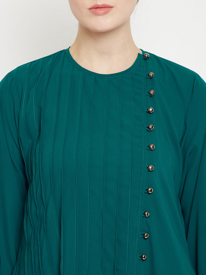 Nabia Women Green Solid Side Plate Abaya Dress With Georgette Scarf